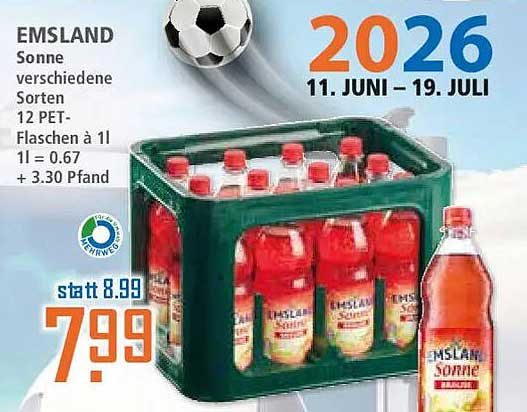 EMSLAND Sonne verschiedene Sorten 12 PET-Flaschen à 1l 1l = 0.67 + 3.30 Pfand