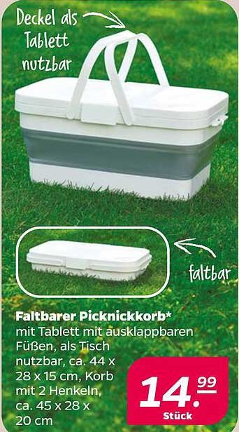 Faltbarer Picknickkorb* mit Tablett mit ausklappbaren Füßen, als Tisch nutzbar, ca. 44 x 28 x 15 cm, Korb mit 2 Henkel, ca. 45 x 28 x 20 cm