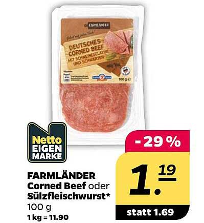 FARMLÄNDER Corned Beef oder Sülzfleischwurst* 100 g 1 kg = 11.90