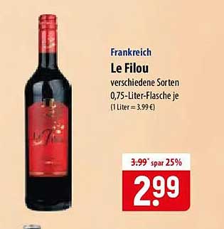 Frankreich Le Filou verschiedene Sorten 0,75-Liter-Flasche je