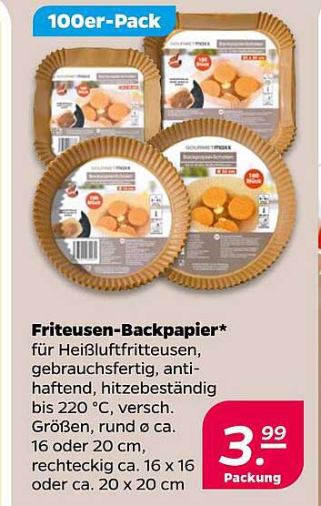 Friteusen-Backpapier* für Heißluftfritteusen, gebrauchsfertig, antihaftend, hitzebeständig bis 220 °C, versch. Größen, rund Ø ca. 16 oder 20 cm, rechteckig ca. 16 x 16 oder ca. 20 x 20 cm