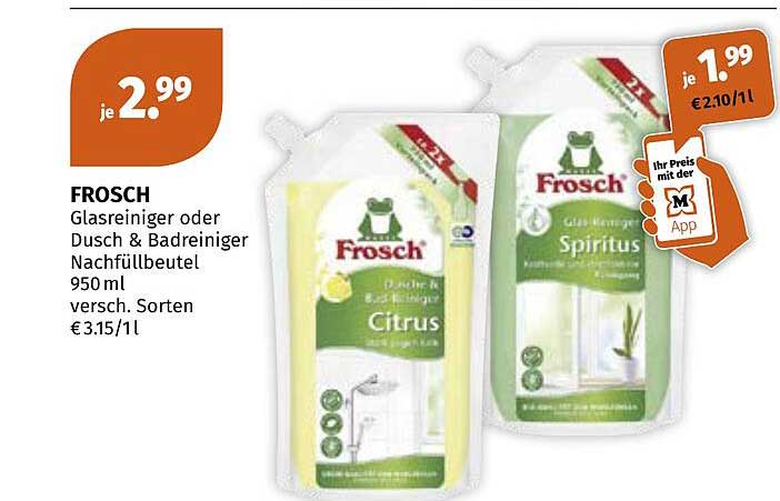 FROSCH Glasreiniger oder Dusch & Badreiniger Nachfüllbeutel 950 ml versch. Sorten