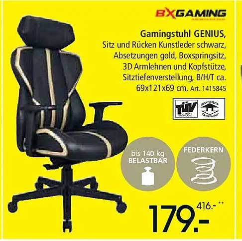 Gamingsstuhl GENIUS, Sitz und Rücken Kunstleder schwarz, Absetzungen gold, Boxspringsitz, 3D Armlehnen und Kopfstütze, Sitztiefenverstellung, B/H/T ca. 69x121x69 cm. Art. 141584