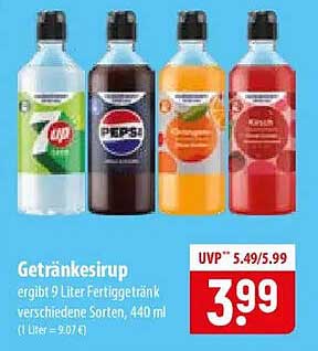 Getränkesirup ergibt 9 Liter Fertiggetränk verschiedene Sorten, 440 ml