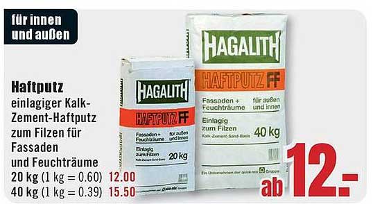 Haftputz einlagiger Kalk-Zement-Haftputz zum Filzen für Fassaden und Feuchträume 20 kg (1 kg = 0.60) 40 kg (1 kg = 0.39)