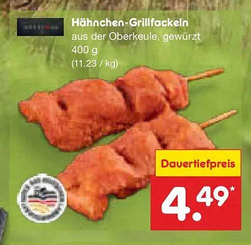 Hähnchen-Grillfackeln aus der Oberkeule, gewürzt 400 g (11.23 / kg)