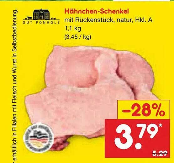 Hähnchen-Schenkel mit Rückenstück, natur, Hkl. A 1,1 kg (3.45 / kg)