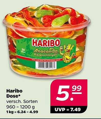 Haribo Dose* versch. Sorten 960 – 1200 g 1kg = 6.24 – 4.99