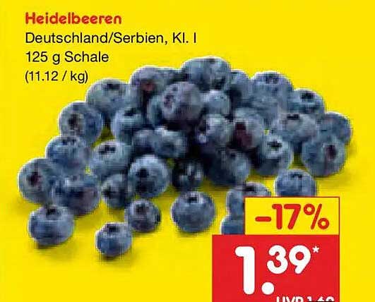 Heidelbeeren Deutschland/Serbien, Kl. I 125 g Schale (11.12 / kg)