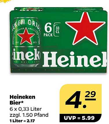 Heineken Bier* 6 x 0,33 Liter zzgl. 1,50 Pfand 1 Liter = 2,17