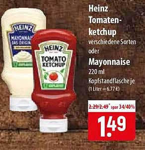 Heinz Tomatenketchup verschiedene Sorten oder Mayonnaise 220 ml Kopfstandflasche je (1 Liter = 6,77 €)