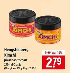 Hengstenberg Kimchi pikant oder scharf 290-ml-Glas (Abtropfgew. 200 g, 1 kg = 13,95 €)