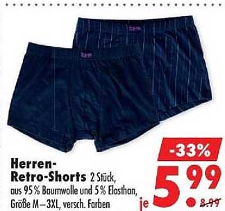 Herren-Retro-Shorts 2 Stück, aus 95% Baumwolle und 5% Elasthan, Größe M–3XL, versch. Farben