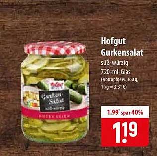 Hofgut Gurkensalat süß-würzig 720-ml-Glas (Abtropfgew. 360 g, 1 kg = 3.31)