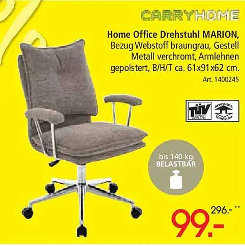 Home Office Drehstuhl MARION, Bezug Webstoff braungrau, Gestell Metall verchromt, Armlehnen gepolstert, B/H/T ca. 61x91x62 cm.