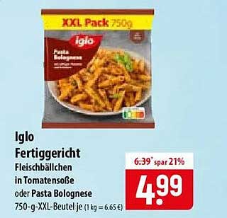 Iglo Fertiggericht Fleischbällchen in Tomatensoße oder Pasta Bolognese 750-g-XXL-Beutel