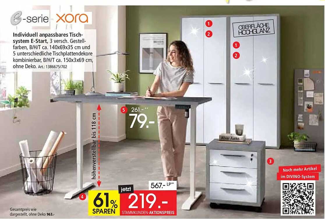 Individuell anpassbares Tischsystem E-Start, 3 versch. Gestellfarben, B/H/T ca. 140x69x35 cm und 5 unterschiedliche Tischplattendekore kombinierbar, B/H/T ca. 150x3x69 cm, ohne Deko. Art.: 1386675/702