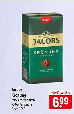 Jacobs Krönung verschiedene Sorten 500-g-Packung je (1 kg = 13.98 €)