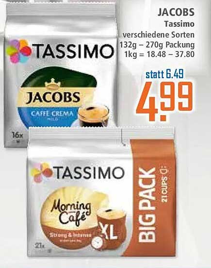 JACOBS Tassimo verschiedene Sorten 132g – 270g Packung 1kg = 18.48 – 37.80