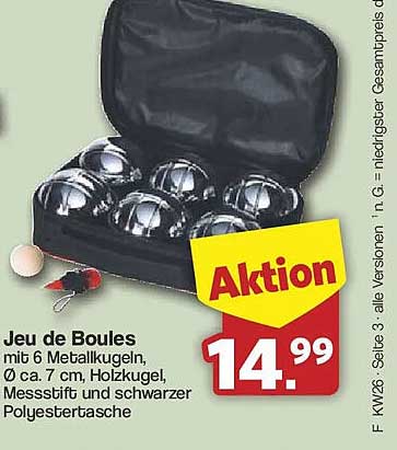 Jeu de Boules mit 6 Metallkugeln, Ø ca. 7 cm, Holzkugel, Messstift und schwarzer Polystertasche