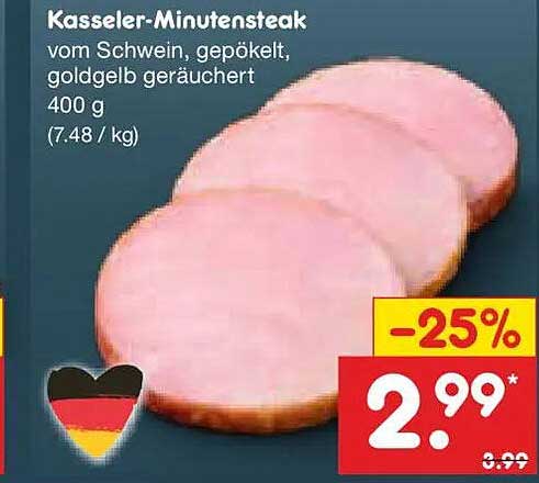 Kasseler-Minutensteak vom Schwein, gepökelt, goldgelb geräuchert 400 g (7.48 / kg)