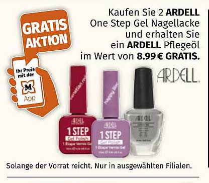 Kaufen Sie 2 ARDELL One Step Gel Nagellacke und erhalten Sie ein ARDELL Pflegeöl im Wert von 8.99€ GRATIS.