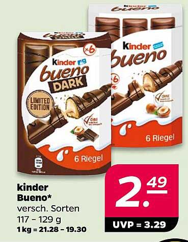 kinder Bueno* versch. Sorten 117 - 129 g 1kg = 21.28 - 19.30