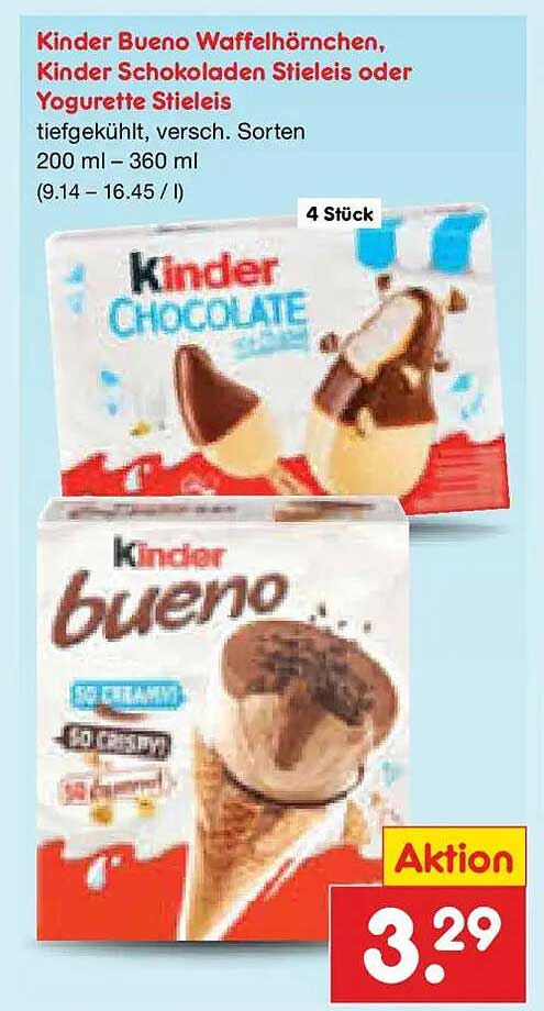 Kinder Bueno Waffelhörnchen, Kinder Schokoladen Stieleis oder Yogurette Stieleis