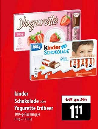 kinder Schokolade oder Yogurette Erdbeer 100-g-Packung je