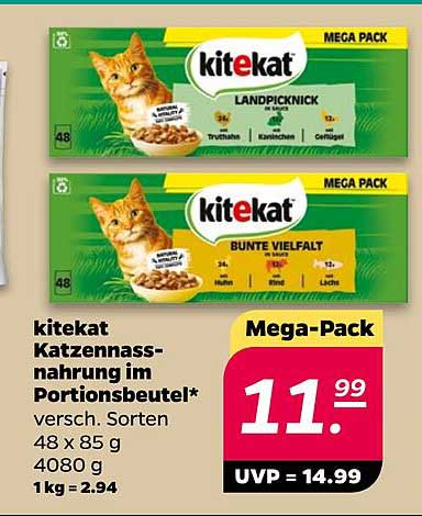 kitekat Katzennass-nahrung im Portionsbeutel* versch. Sorten 48 x 85 g 4080 g 1 kg = 2.94