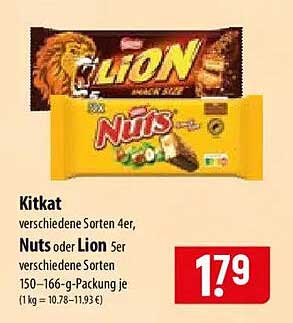 Kitkat verschiedene Sorten 4er, Nuts oder Lion 5er verschiedene Sorten 150–166-g-Packung je