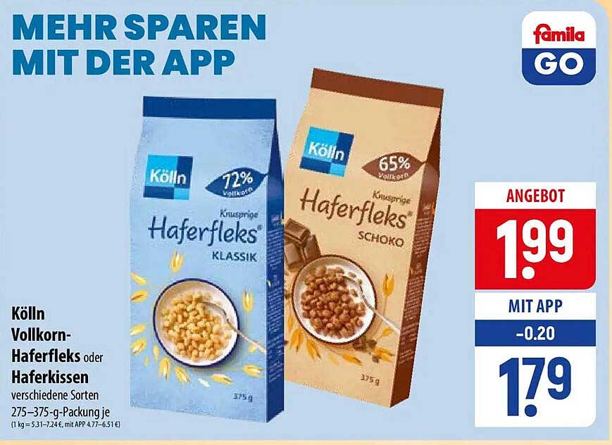 Kölln Vollkorn-Haferfleks oder Haferkissen verschiedene Sorten 275–375-g-Packung je