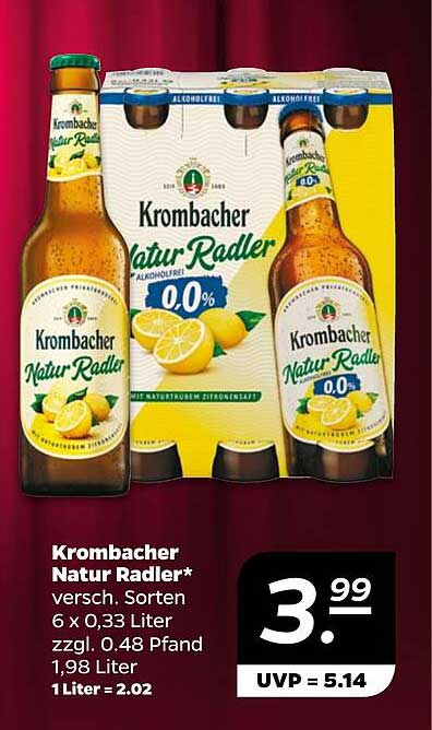 Krombacher Natur Radler* versch. Sorten 6 x 0,33 Liter zzgl. 0.48 Pfand 1,98 Liter 1Liter = 2.02