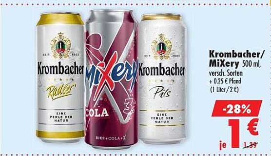 Krombacher/Mixery 500 ml, versch. Sorten + 0,25 € Pfand (1 Liter/2 €)