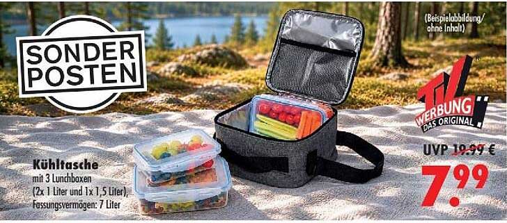 Kühltasche mit 3 Lunchboxen (2x 1 Liter und 1x 1,5 Liter), Fassungsvermögen: 7 Liter