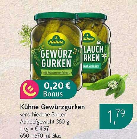 Kühne Gewürzgurken verschiedene Sorten Abtropfgewicht 360 g 1 kg = € 4,97 650 - 670 ml Glas