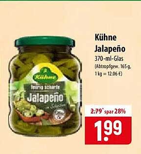 Kühne Jalapeño 370-ml-Glas (Abtropfgew. 165 g, 1 kg = 12,06 €)