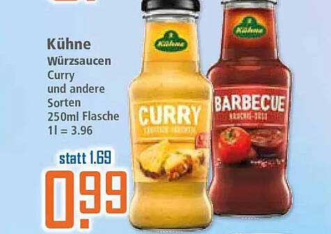 Kühne Würzsaucen Curry und andere Sorten 250ml Flasche 1l = 3.96