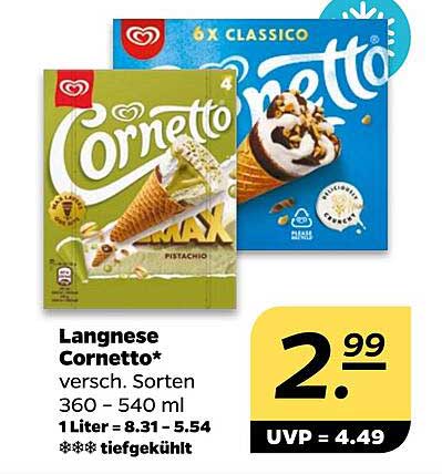 Langnese Cornetto* versch. Sorten 360 - 540 ml 1 Liter = 8.31 - 5.54 tiefgekühlt