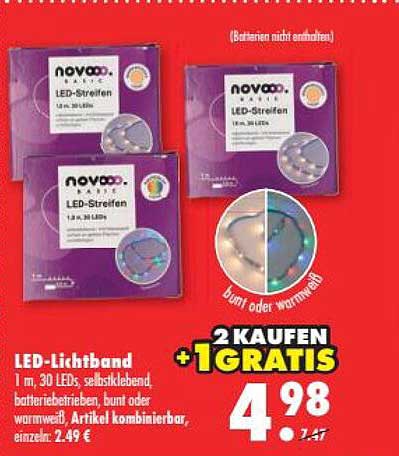 LED-Lichtband 1 m, 30 LEDs, selbstklebend, batteriebetrieben, bunt oder warmweiß, Artikel kombinierbar, einzeln: 2,49 €