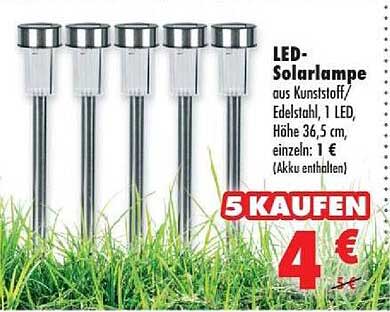 LED-Solarlampe aus Kunststoff/Edelstahl, 1 LED, Höhe 36,5 cm, einzeln: 1 € (Akku enthalten) 5 KAUFEN 4 €