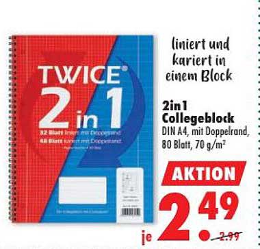 (liniert und kariert in einem Block) 2in1 Collegeblock DIN A4, mit Doppelrand, 80 Blatt, 70 g/m²