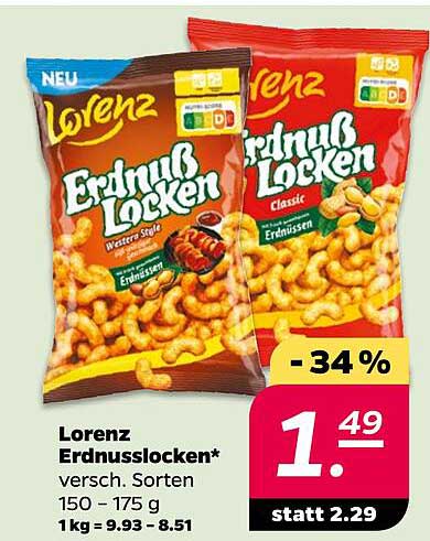 Lorenz Erdnusslocken* versch. Sorten 150 - 175 g 1 kg = 9.93 - 8.51