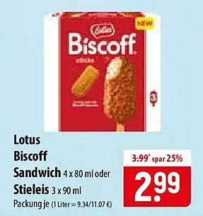 Lotus Biscoff Sandwich Stieleis 3 x 90 ml oder Sandwich 4 x 80 ml