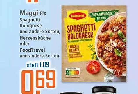 Maggi Fix Spaghetti Bolognese und andere Sorten, Herzensküche oder FoodTravel und andere Sorten statt 1.09