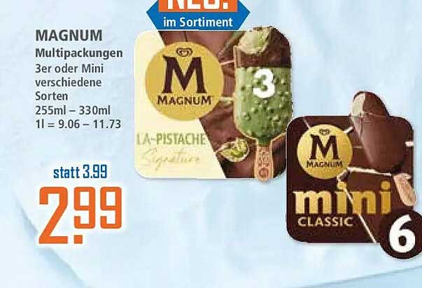 MAGNUM Multipackungen 3er oder Mini verschiedene Sorten 255ml – 330ml 1l = 9.06 – 11.73