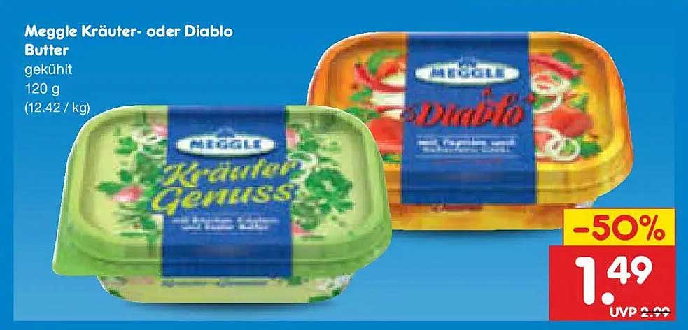 Meggle Kräuter- oder Diablo Butter gekühlt 120 g