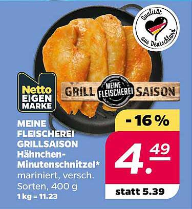 MEINE FLEISCHEREI GRILLSAISON Hähnchen-Minutenschnitzel* mariniert, versch. Sorten, 400 g 1 kg = 11.23