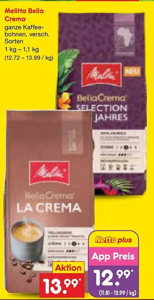 Melitta Bella Crema ganze Kaffeebohnen, versch. Sorten 1 kg – 1,1 kg