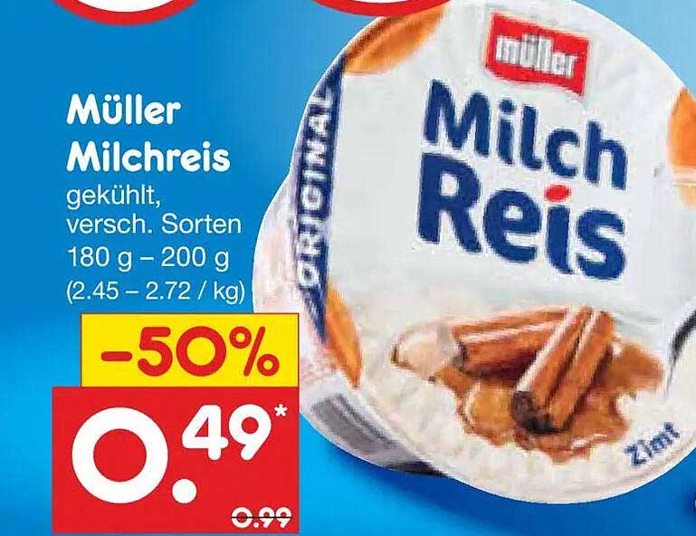 Müller Milchreis gekühlt, versch. Sorten 180 g – 200 g (2.45 – 2.72 / kg)